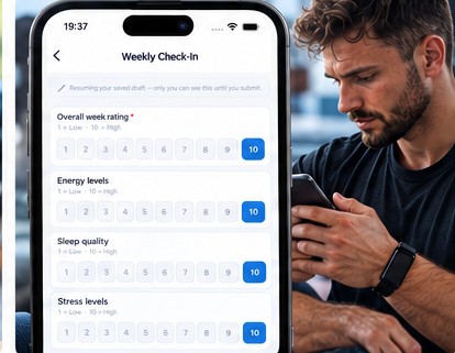 A weekly check-in form rating energy, sleep, and stress levels