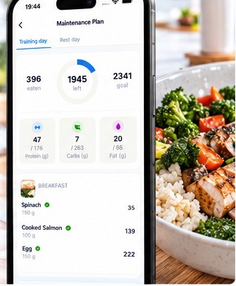 Client nutrition plan showing macro rings and logged breakfast items