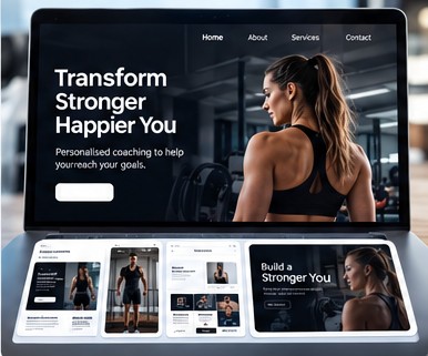 A branded coaching landing page preview on a laptop