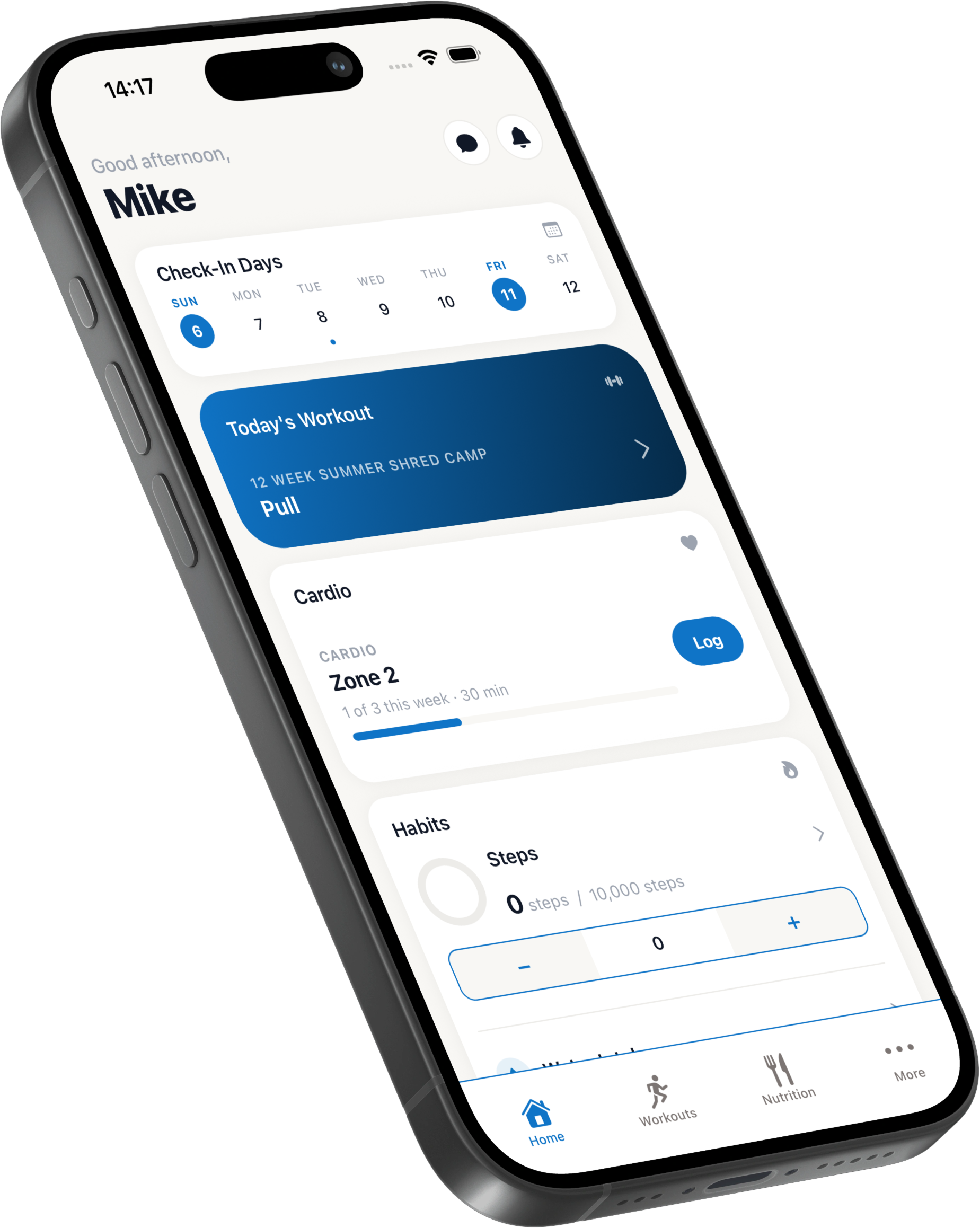 The Levara client app home screen showing today's workout, cardio progress, and habit tracking