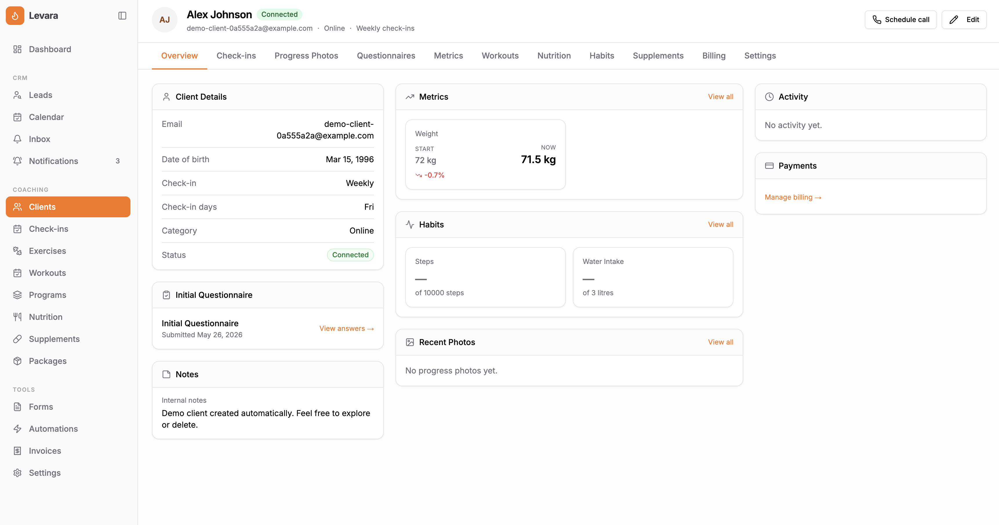 Levara coach dashboard showing client overview and recent activity