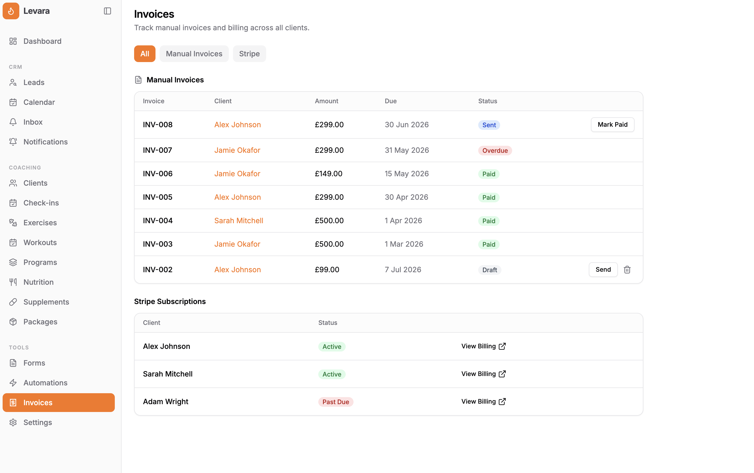 Billing dashboard showing active coaching packages and recent payment history