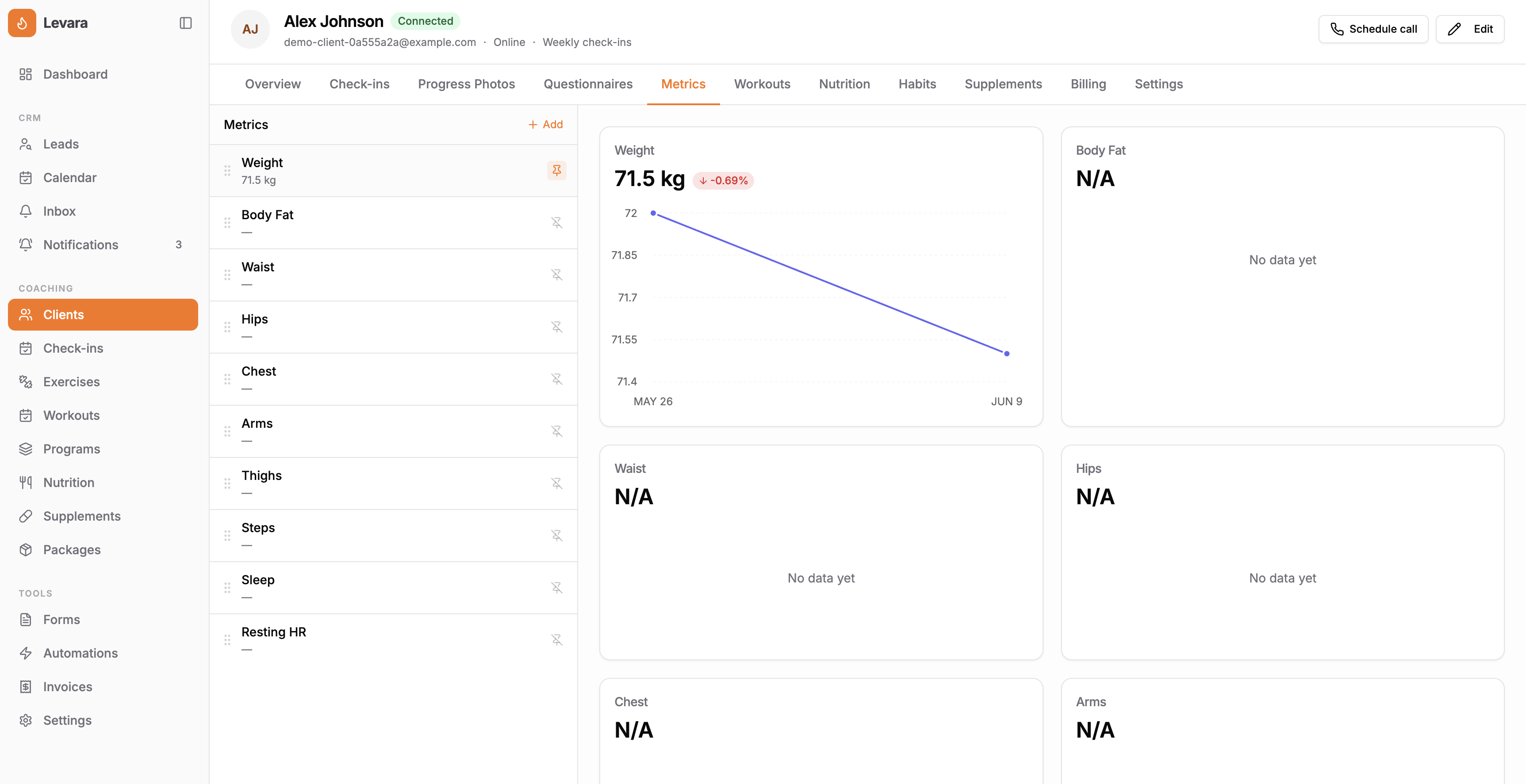 Client profile showing body metrics chart, progress photos, and recent workout log
