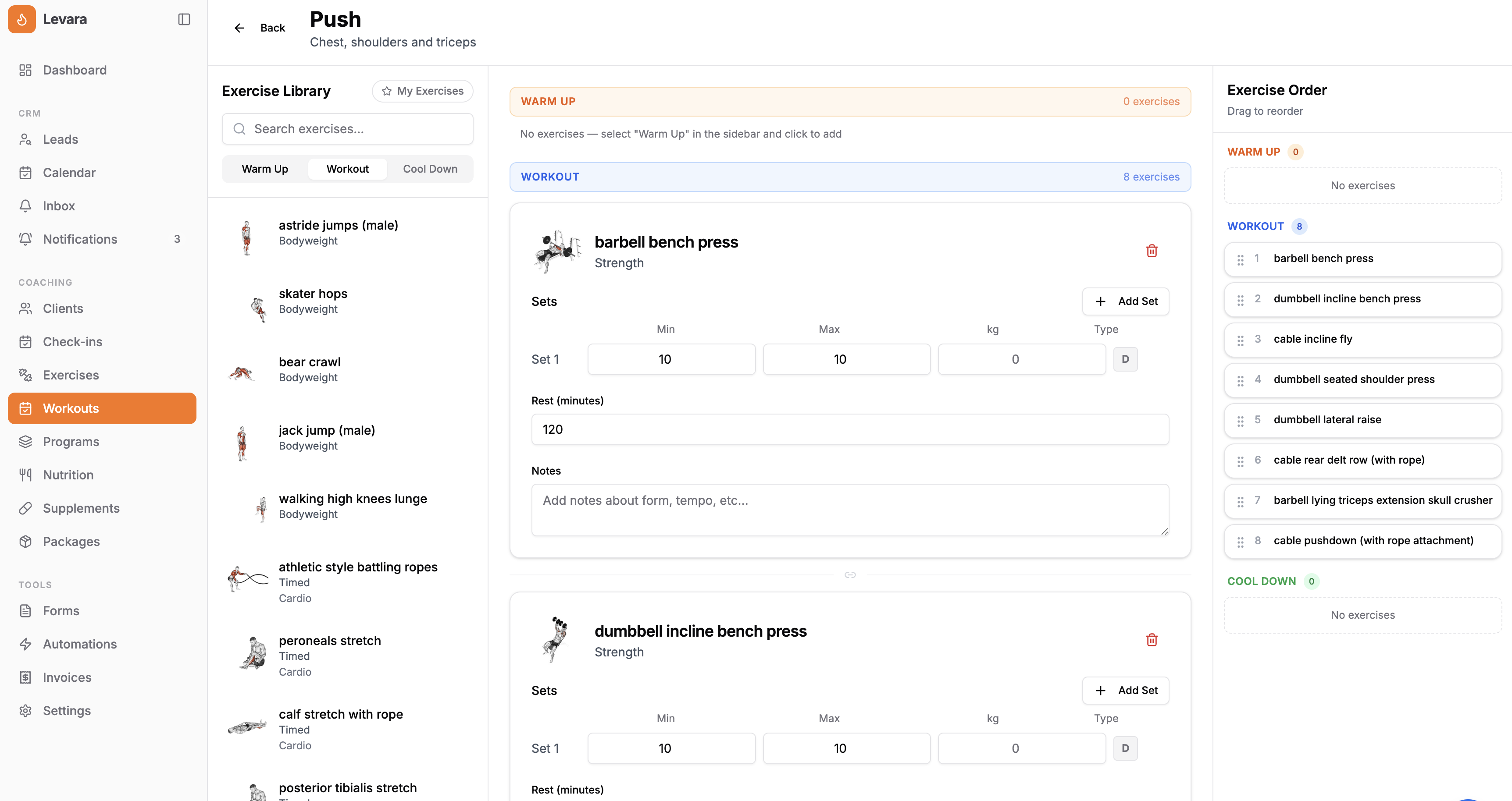 Workout program builder showing week view with drag-and-drop exercise blocks